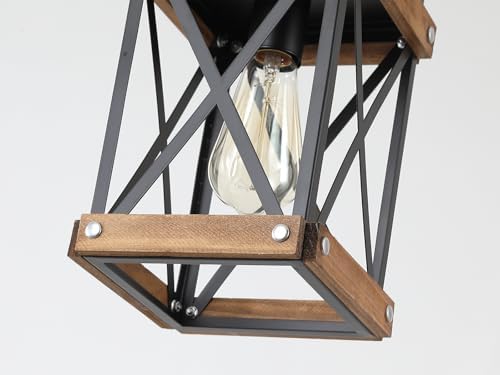 Rustic Farmhouse Wood Pendant Light Fixture One-Light Adjustable Chain Oak Wood and Metal Lantern Cage Small Pendant Lighting for Kitchen Island Sink Hallway Farmhouse Bathroom Bar, Black - Image 6