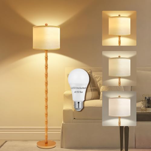 Vinaco Wood Floor Lamp, 3 Color Temperatures Dimmable Rotary Switch by LightingMadeSimple