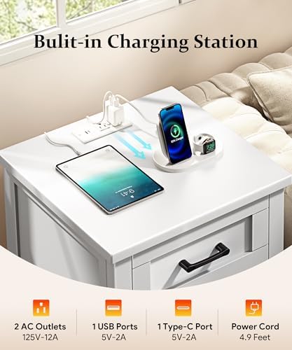 Decofy Farmhouse Nightstand with Charging Station, Pure White - Image 5