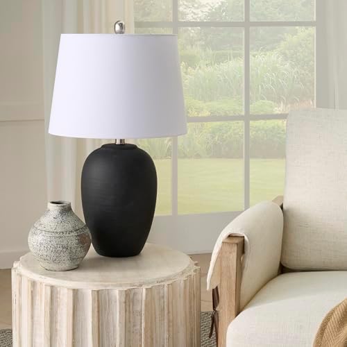 Nourison Home 23" Black Vintage Distressed Ceramic Pot Table Lamp for Bedroom, Living Room, End Table, with White Tapered Drum Shade by NourisonHome
