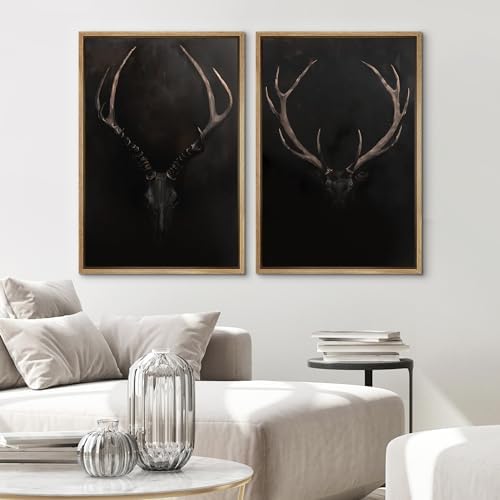 SIGNWIN Framed Canvas Print Wall Art Rustic Antler Skull Dark Dramatic Black Vintage-Inspired Deer and Elk Antlers Illustrations Decorative for Living Room, Bedroom, Office - 24"" x36 x2 Natural - Image 3