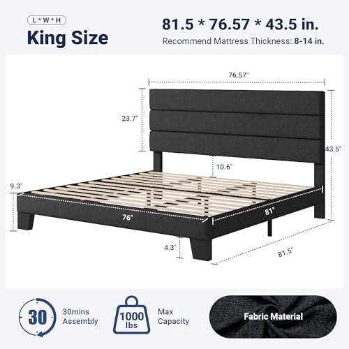 Allewie King Size Platform Bed Frame with Fabric Upholstered Headboard Gray - Image 2
