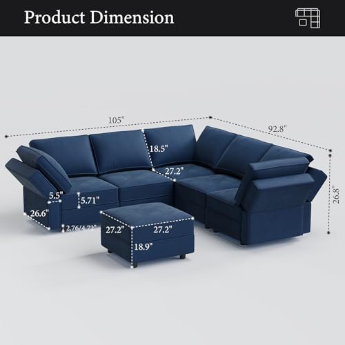 Vesgantti 92" 6 Seats L Shaped Modular Sectional Couch with Storage, Blue - Image 2