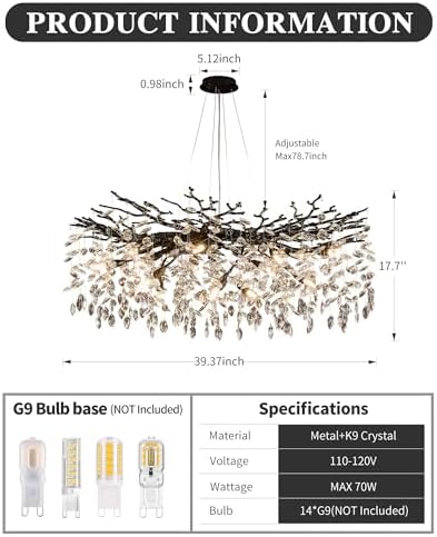 Modern Black Tree Branch Crystal Chandelier Luxury Crystal Pendant Lighting 40" Contemporary 14-Light Chandeliers for Dining Room Kitchen Bedroom Living Room - Image 6