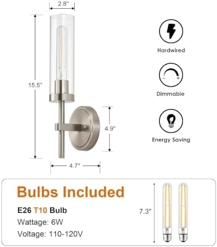 SANTOSTOCK Brushed Nickel Wall Sconces Set of 2, Hardwired Bathroom Sconces Vanity Light Fixture, Farmhouse Wall Mount Lamps for Mirror Living Room Bedroom Hallway - Image 4