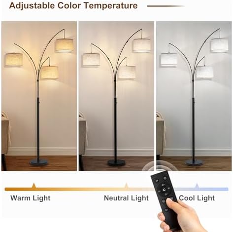 3 Light Arc Floor Lamp with Remote, Beige Shade Black Pole - Image 6