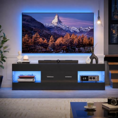 Bestier Black 60 Inch Modern TV Stand, LED Entertainment Center with Drawer by Bestier