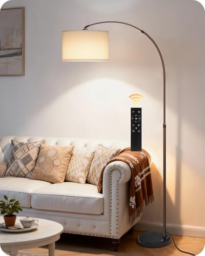 75" Dimmable Brown Arc Lamp with Marble Base,Adjustable Height, White Shade by GOEBLESON