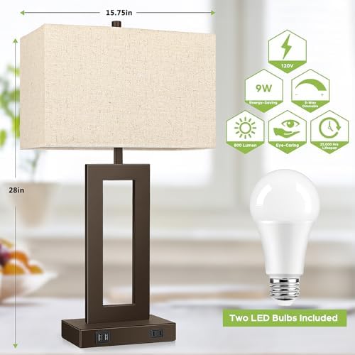 TOBUSA 28" Brown Modern Table Lamp Set of 2 with 2 USB Ports&AC Outlet - Image 4