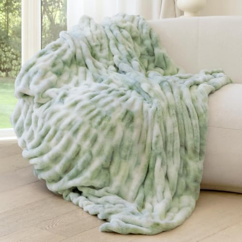 Ultra Soft Cozy Faux Fur Throw Blanket, Fuzzy Plush Thick Bubble Blanket, Luxury Fluffy Blanket for Couch, Sofa, Bedroom, and Living Room, 60x80 Inches,Tie-Dye Sage by blunique