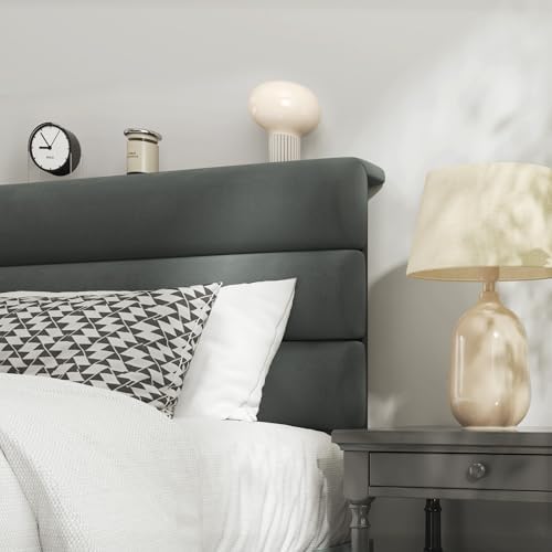 Fluest Queen Size Bed Frame, Platform Bed Frame with Velvet Upholstered Headboard, No Box Spring Needed, Sturdy Metal Support, Noise Free, Easy Assembly, Grey - Image 4