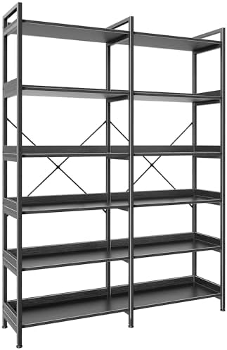 Huuger 6 Tier Bookshelf, Display Bookshelf with 12 Open Shelves and Raised Baffle, 47.2 Inch Straight Wide Bookcase with Metal Frame and Wooden Board, Adjustable Feet, Black, 1BC010B by Huuger