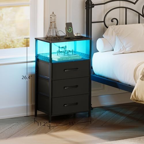 JARHETUN Night Stand Set 2 with Charging Station, 3 Drawer Nightstands with LED Lights, End Table with Outlets and USB Ports, Side Table with Open Shelf, Bedside Tables for Bedroom, Black - Image 4