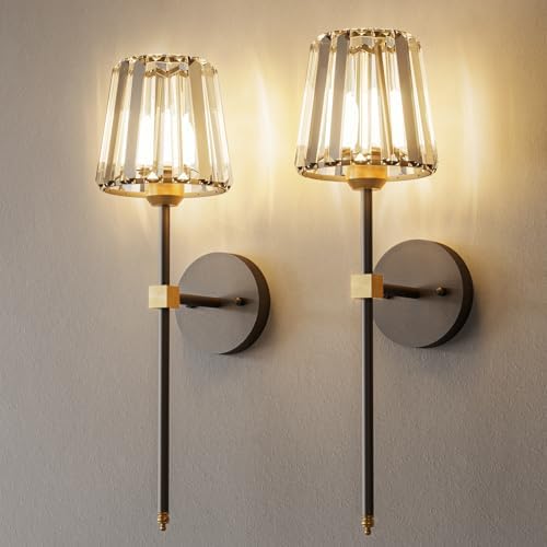 Crystal Battery Operated Wall Sconces Set of 2, Black and Gold Rechargeable Wireless Wall Lights with Crystal Lampshade, 12 RGB and 3CCT Dimmable Wall Lamps with Remote for Bedroom Living Room Hallway by LJUJAM