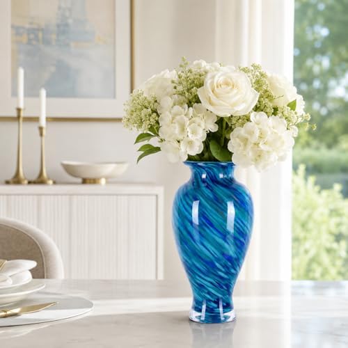 11.8" Tall Glass Vase Beautiful Hand Blown Glass Vase Modern Art Home Decor, Wide Mouth Colorful Vases for Mantle Dining Table Centerpiece, Entryway Living Room Wedding Decoration (Deep Blue) - Image 2