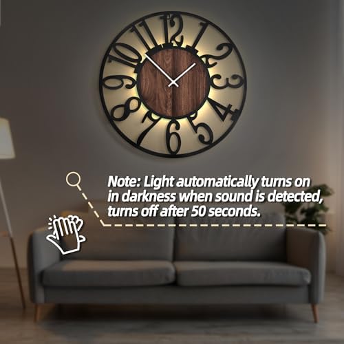 LEIKE Large Wall Clocks with Night Light Battery Operated,Silent Non Ticking,Rustic Modern Big Wood Clock for Living Room, Bedroom,Kitchen,Farmhouse,Office,Home Decor-30 Inch(Black-Arabic Number) - Image 5