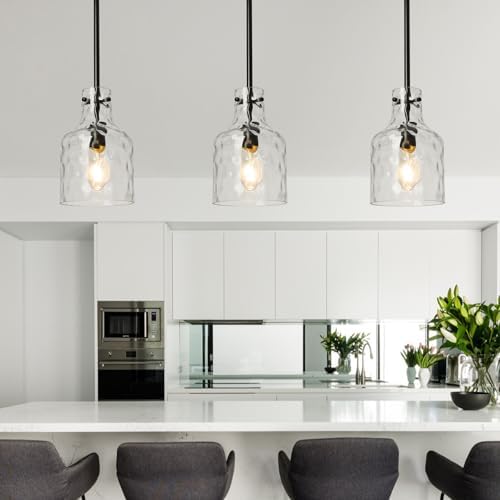 WILON Industrial Glass Pendant Lights for Kitchen Island, Modern Black Pandent Light Fixture 7" Hammered Glass Shade Farmhouse Pendant Lights Adjustable Rod Hanging Light for Kitchen Sink Dining Room - Image 5