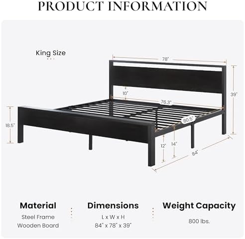 SHA CERLIN 14 Inch King Size Metal Platform Bed Frame with Wooden Headboard and Footboard, Mattress Foundation, No Box Spring Needed, Large Under Bed Storage,Black Oak - Image 2