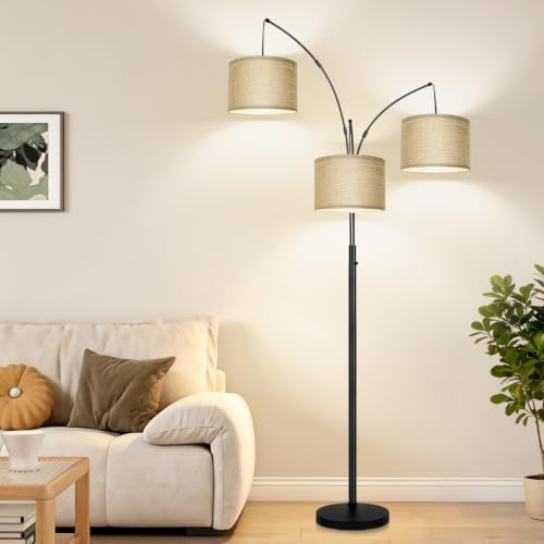 Nintiue Dimmable Floor Lamp, 3 Lights Black Arc Floor Lamp, Modern Tall Standing Tree Lamp with Champagne Linen Shades & Heavy Base, 3000LM LED Bulbs, Bright Lighting for Living Room, Bedroom, Office - Image 7