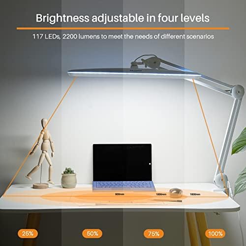 Task Lamp with Clamp, Bright 117PCS LEDs, Metal Swing Arm 24W 2200 Lumen Dimmable Led Desk Lamp for Architect Home Office Study Reading Dorm Workbench Craft, 23 Inch Working Lamp(White) - Image 2