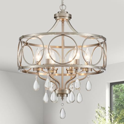 Crystal Chandeliers for Dining Room,17.7" Brushed Nickel 6 Lights Hanging Pendant Lighting Fixture Metal Farmhouse Chandelier for Kitchen Island Entryway Living Room by Majhoiw