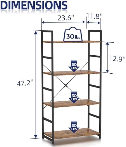 NUMENN 4 Tier Bookshelf, Tall Freestanding Open Storage Bookcase, Vintage - Image 3