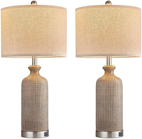 Living Room Lamps Set of 2, 27" Touch Lamps for Nightstand with USB A+C Ports, Modern Farmhouse Table Lamps for Bedroom, Wood Grain, Ceramic - Image 6