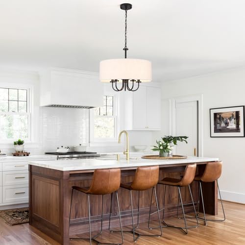 5 Lights Drum Chandelier for Dining Room 19" Modern Farmhouse Black Chandeliers with Shades Round Pendant Light Fixtures Linen Hanging Chandeliers for Bedroom Living Room Kitchen Over Table Foyer - Image 5