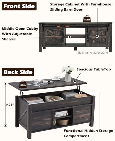 OKD 48" Farmhouse Lift Top Coffee Table, Sliding Barn Door, Dark Rustic Oak - Image 3