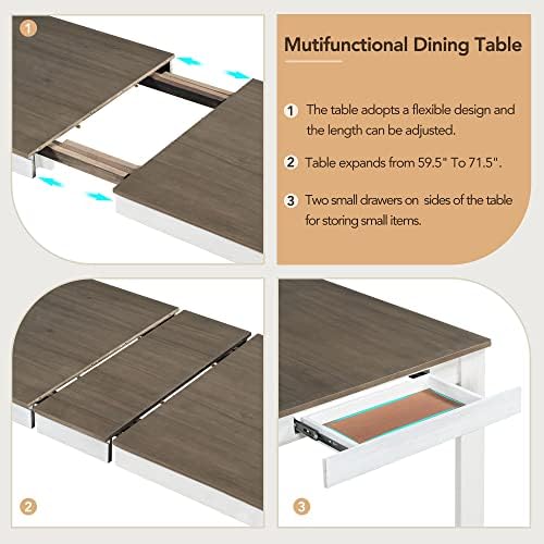 Farmhouse 7-Piece Kitchen Dining Table Set, Solid Wood Rectangle Extendable Table with 12” Leaf and 2 Drawers, 6 Dining Chairs with Soft Cushion, Dining Table Set for 6 Persons (Brown+White FR) - Image 4