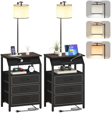 End Table with Floor Lamp Set of 2, Nightstand with Charging Station, Floor Lamp Table with 3-Color Temperature Bulb, Bedside Table Night Stand with 3 Drawers for Bedroom, Living Room, Black by Unknown