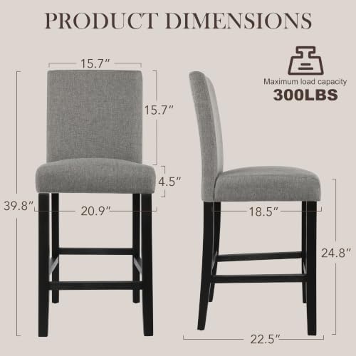 GOTMINSI Counter Height Bar Stool, Classic Upholstered 24 Inches Counter Height Stools Set of 2 barstools with Solid Wood Legs and Grey Fabric - Image 2