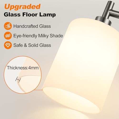 【Upgraded】 Dimmable Floor Lamp for Living Room with Opal Glass Lampshade, Brushed Nickel Modern Floor Lamp with 900LM LED Bulb Included, Standing Tall Lamp for Bedroom, Office, Reading Room, Corner - Image 6