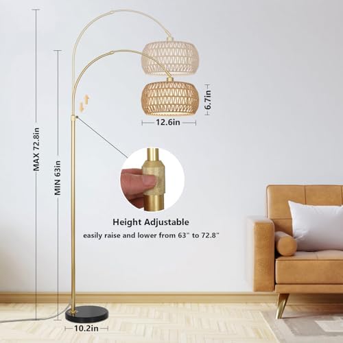 Gold Floor Lamps for Living Room, Arc Floor Lamp with Remote & Dimmable Bulb, Boho Rattan Standing lamp with 3 Color Temperatures, Height Adjustable Tall Lamp for Bedroom, Over Couch Reading Lamp - Image 3