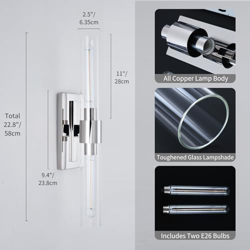 Nickel Bathroom Vanity Light, 2-Light Bathroom Wall Sconce Over Mirror, Chrome Vanity Lights for Bathroom, Dimmable Vanity Sconce with Glass Tube, Indoor Linear Wall Sconce Vertical & Horizontal, 1 PC - Image 5