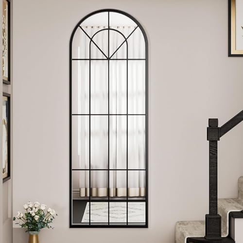 Dewfig Arched Windowpane Floor Mirror, 65"x 22" Full Length Mirror, Black by YourSpacePerfectlyReflected