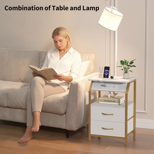 End Table with Floor Lamp, Nightstand with Charging Station, Floor Lamp Table with 3-Color Temperature Bulb, Bedside Table Night Stand with 2 Drawers for Bedroom, Living Room, Gold - Image 4