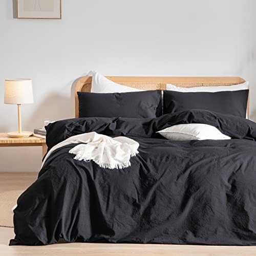 BESTOUCH Cotton Solid Duvet Cover Set Linen Feel Deep Black California King by BESTOUCH
