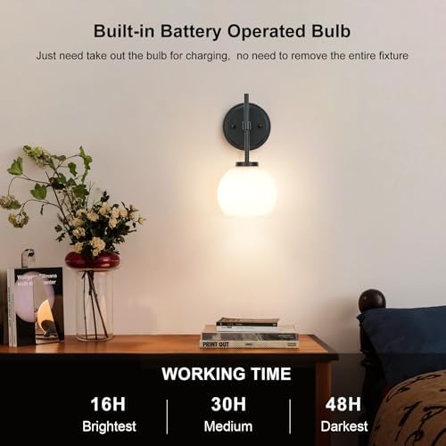 SANTOSTOCK Black Wireless Rechargeable Wall Sconces with Remote Control, Battery Operated Wall Sconce Set of 2, LED Dimmable Wall Lights with Opal White Glass Shade, 12 Colors RGB & 3 CCT Bulb - Image 3