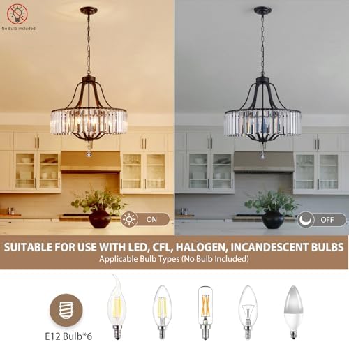 Modern Crystal Chandeliers Round 6-Light Large Black Pendant Lighting Fixture for Dining Room Living Room Kitchen Island Bedroom Hallway Hall Foyer 21.7" Adjustable Height Hanging Lamp - Image 2