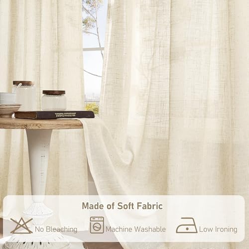 LAMIT Beige Semi Sheer Linen Curtains 92 Inch, Light Filtering Panels - Image 5
