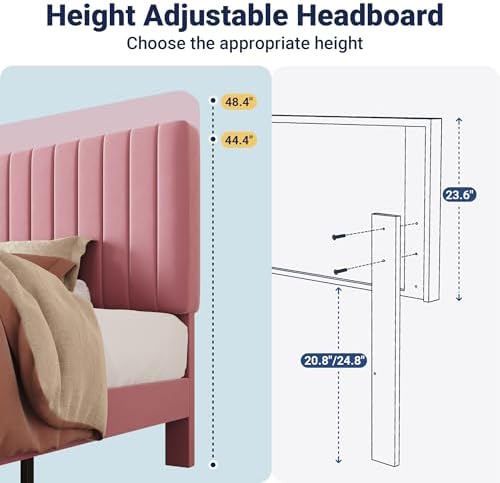 Allewie Twin Bed Frame, Velvet Upholstered Platform Bed with Adjustable Vertical Channel Tufted Headboard, Mattress Foundation with Strong Wooden Slats, Box Spring Optional, Easy Assembly, Pink - Image 6