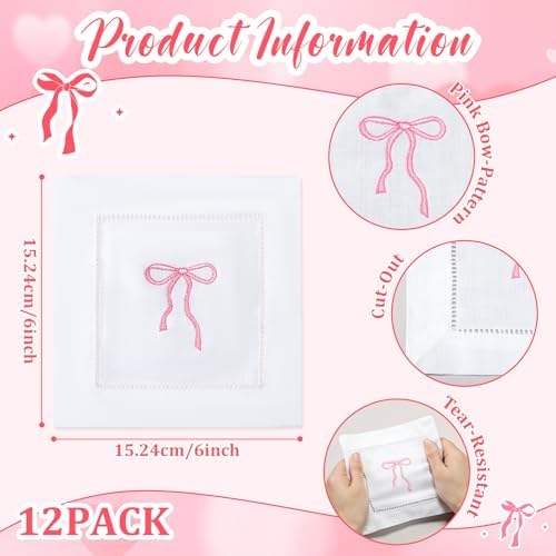 LemonRoad Embroidered White Linen Cocktail Napkin 6x6 inch Pink Bow Napkin Gift for Women Set of 12 Cloth Cocktail Washable Linen Hemstitch for Wedding,Birthday Bachelorette Pink Bow Themed Party - Image 2