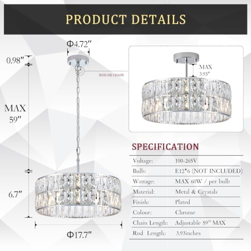 CATINER Chrome Crystal Chandelier 18" 6-Light Modern Semi Flush Pendant - Image 2