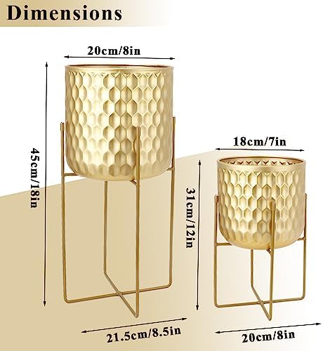 TRIROCKS Set of 2 Planters with Stand Indoor Otdoor Metal Plant Stand 8 * 18 &7 * 12 "Modern Planters Flower Pots for Living Room Corner Kitchen Office Garden Balcony Patio Decor(Gold) - Image 2