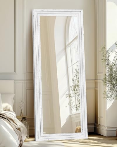 65x22in Full Length Mirror, 3-Tier Stepped Solid Wood Frame, White - Image 2