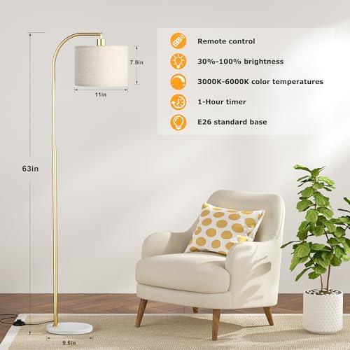 Ambimall Arc Floor Lamp with Remote and Stepless Dimmable Bulb, Colors Temperature & Brightness Adjustable, Gold Pole & Marble Base - Image 2