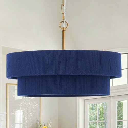 20” Navy Blue Boho Hand Woven Pendant Light Brass Adjustable Coastal Chandelier for Dining Living Room Kitchen Bedroom, UL Listed by liveastylishlife