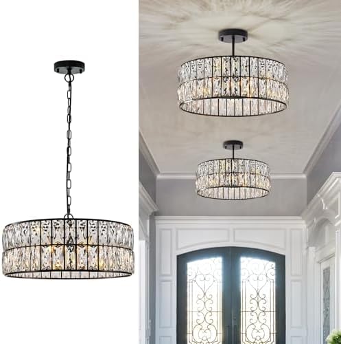 CATINER Black Crystal Chandelier 18" 6-Light Modern Semi Flush Pendant by CATINER