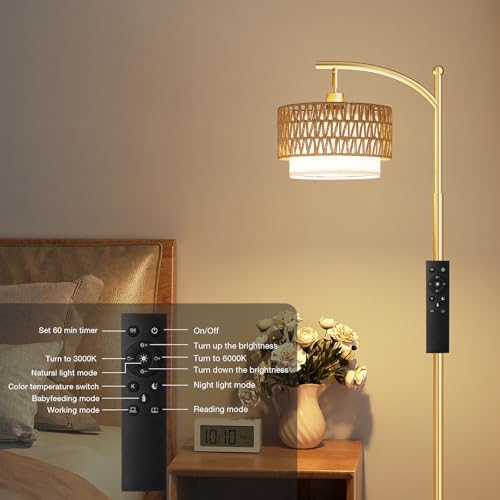 Ambimall Arc Floor Lamp with Remote & Rattan Double Shades, Gold Rustic - Image 6